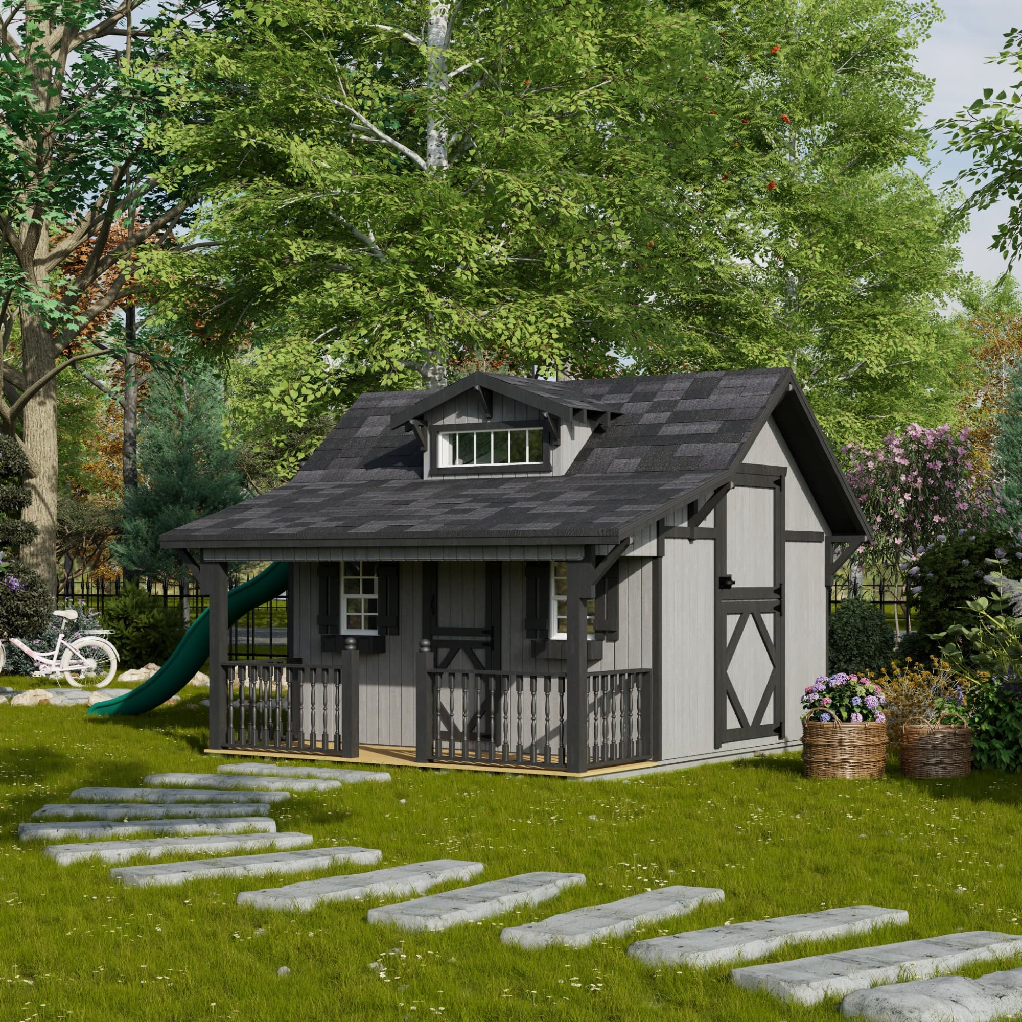 Craftsman Playhouse with Porch & Slide lifestyle