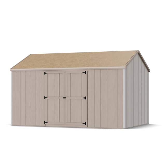 Rendering of value gable shed with side entry in assembly process ready to be painted.