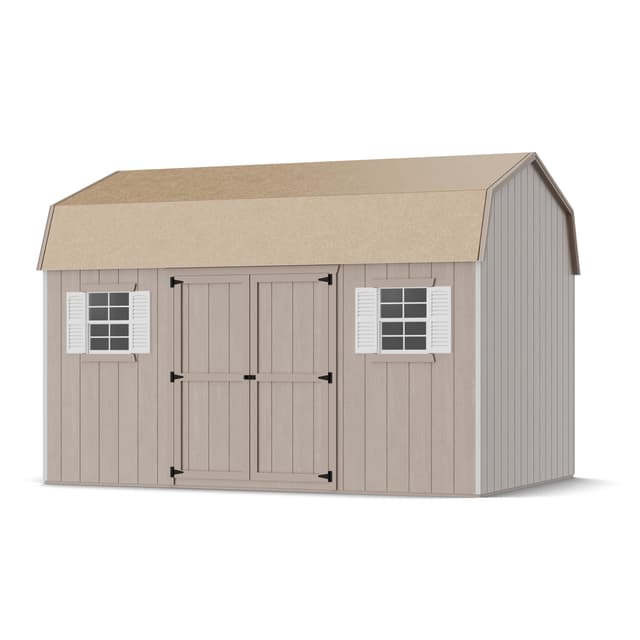 Rendering of value gambrel workshop shed in assembly process ready to be painted.