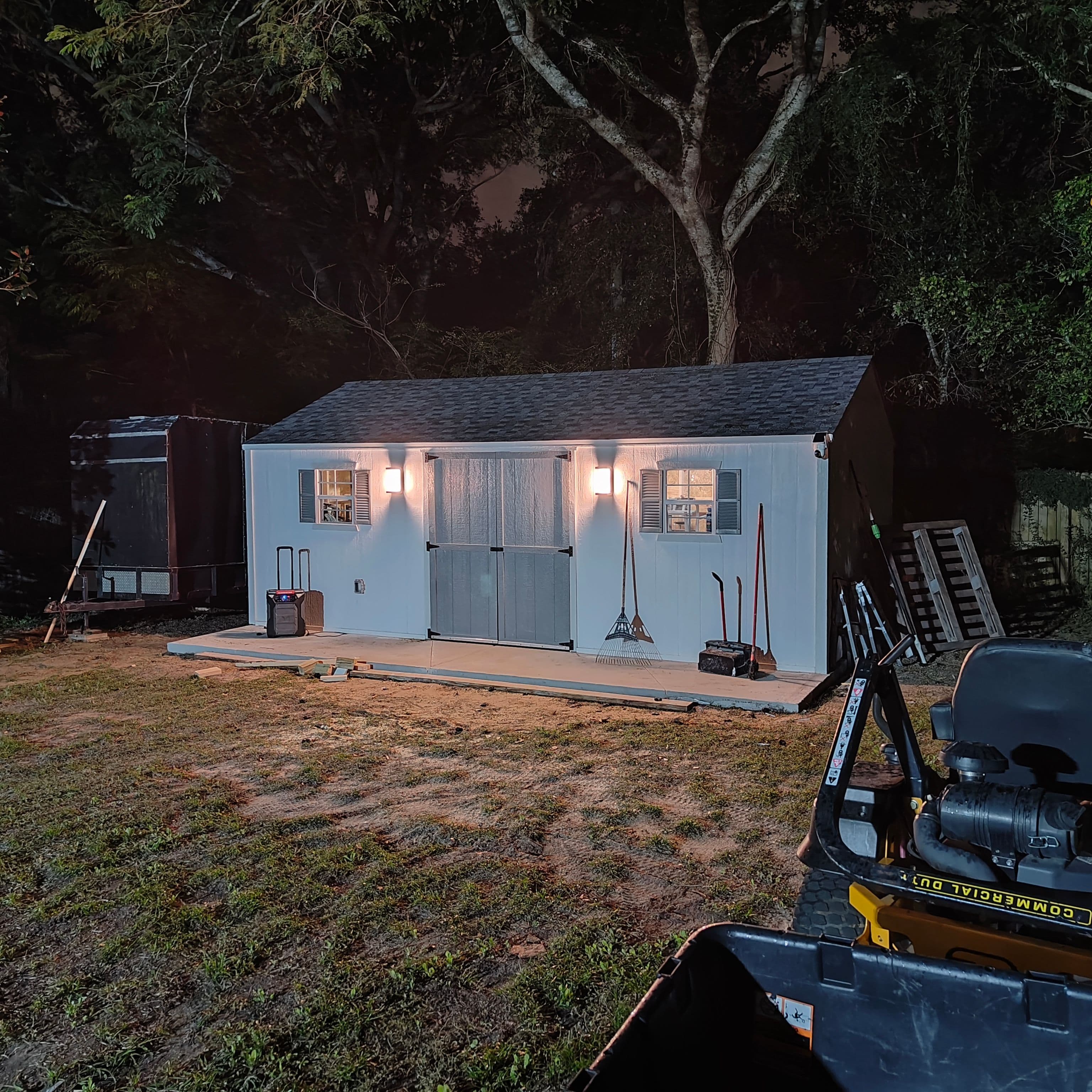 wood value workshop shed at night
