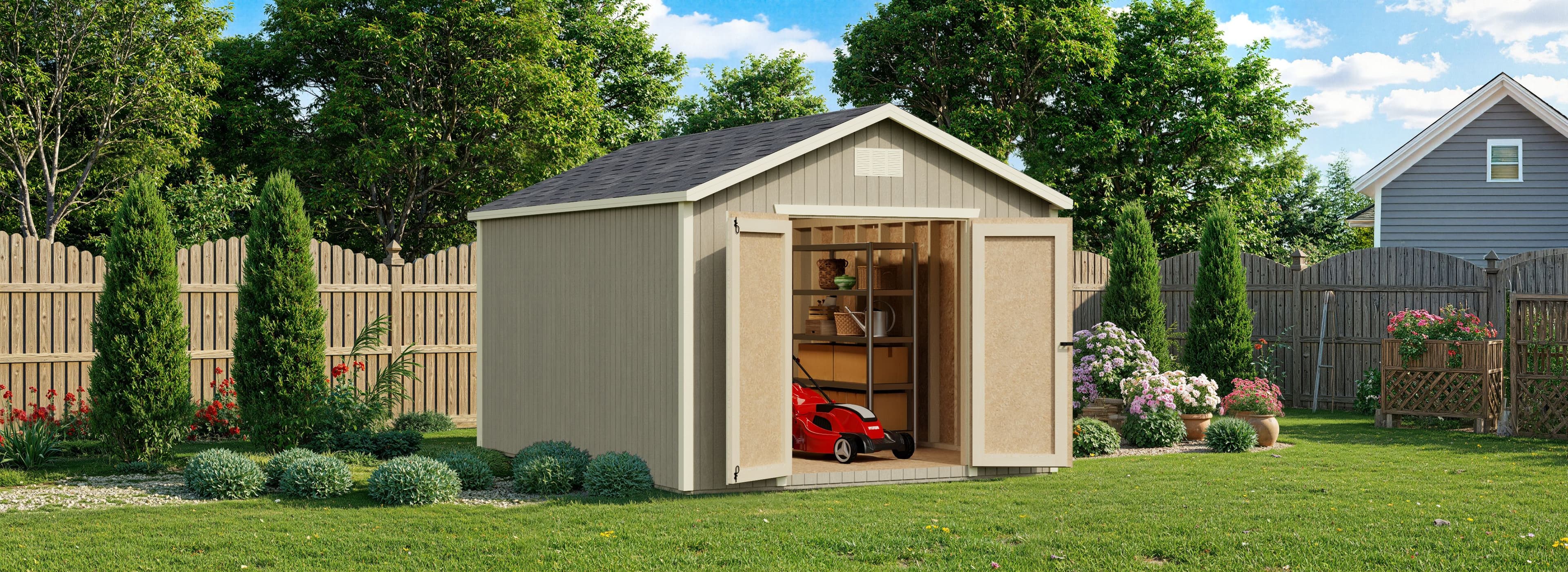 classic gable shed with mower and doors open