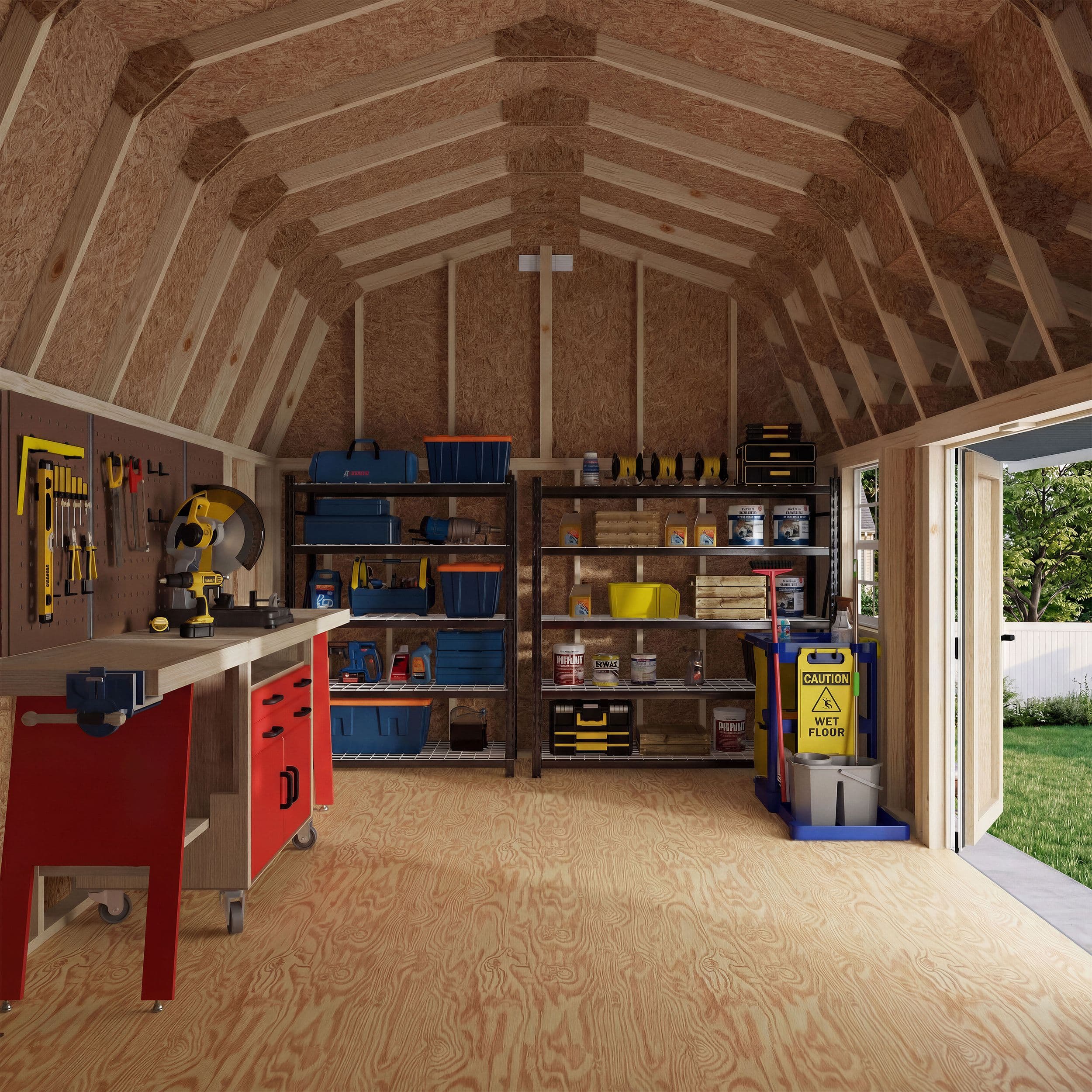 12x18 classic gambrel barn shed with overhang interior