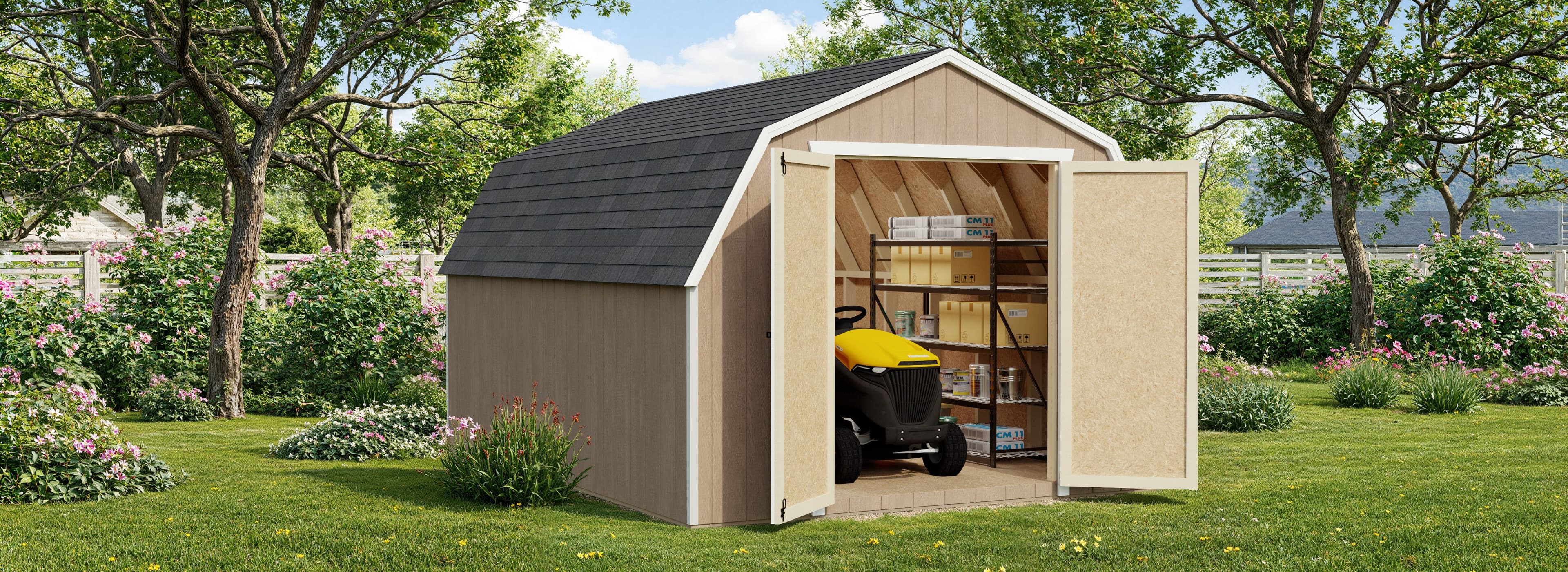 wood barn shed with doors open and mower