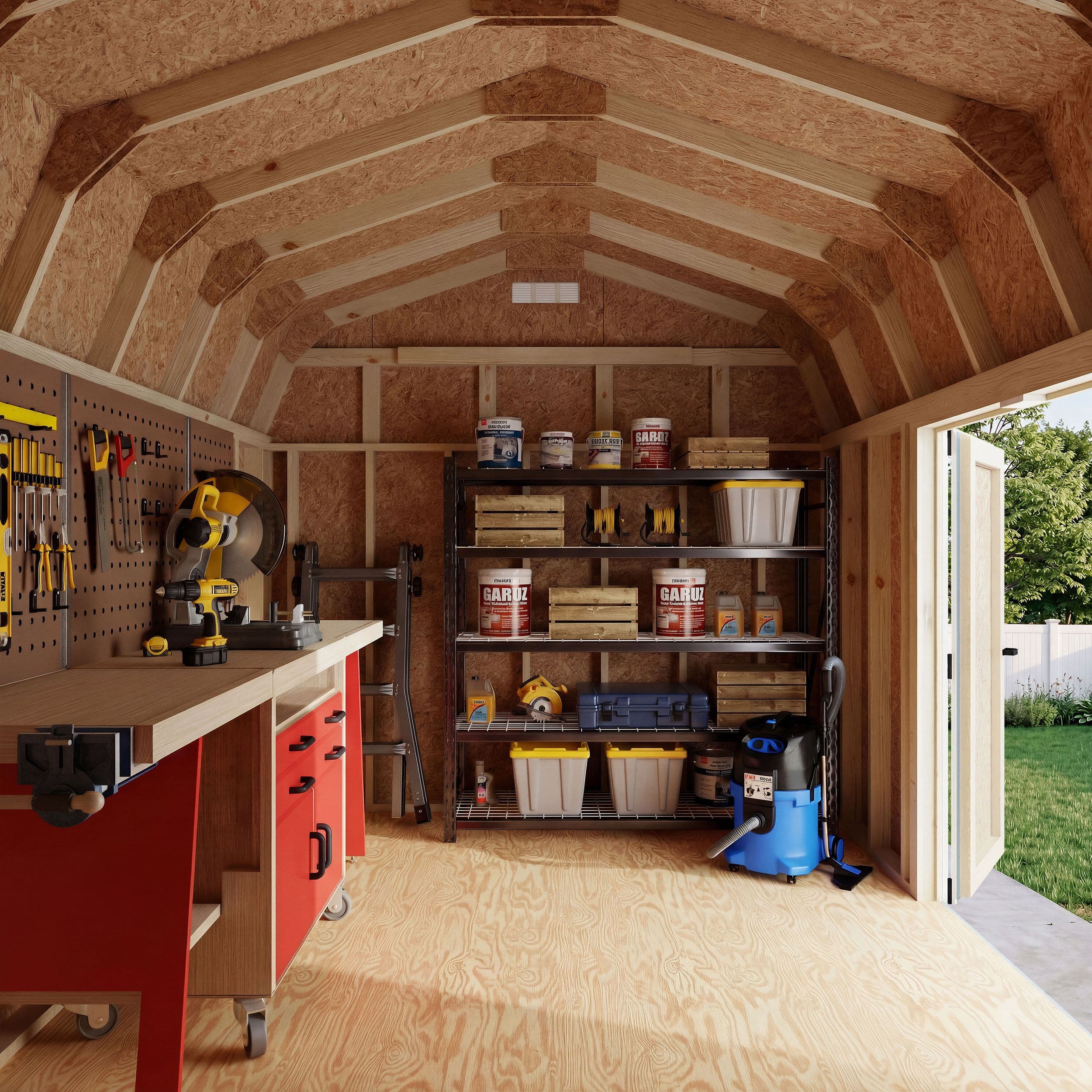 classic gambrel side entry shed interior