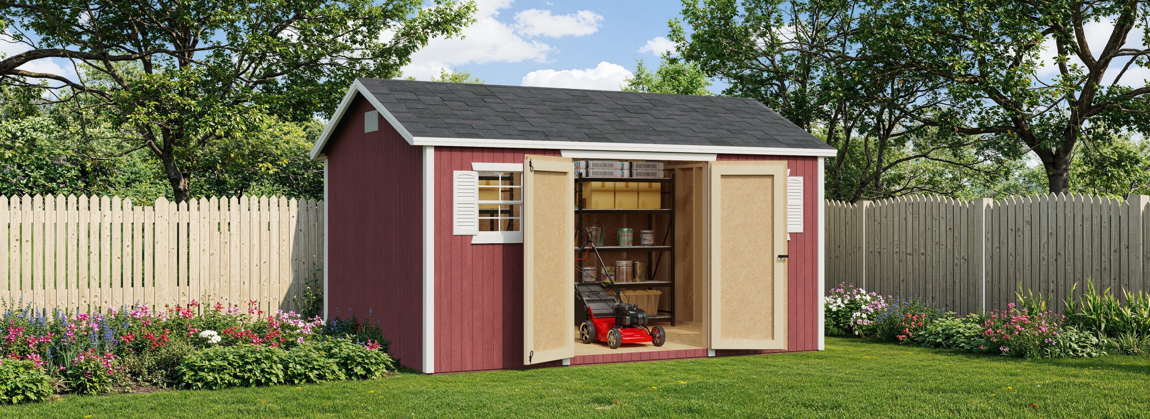 wood workshop shed in red doors open