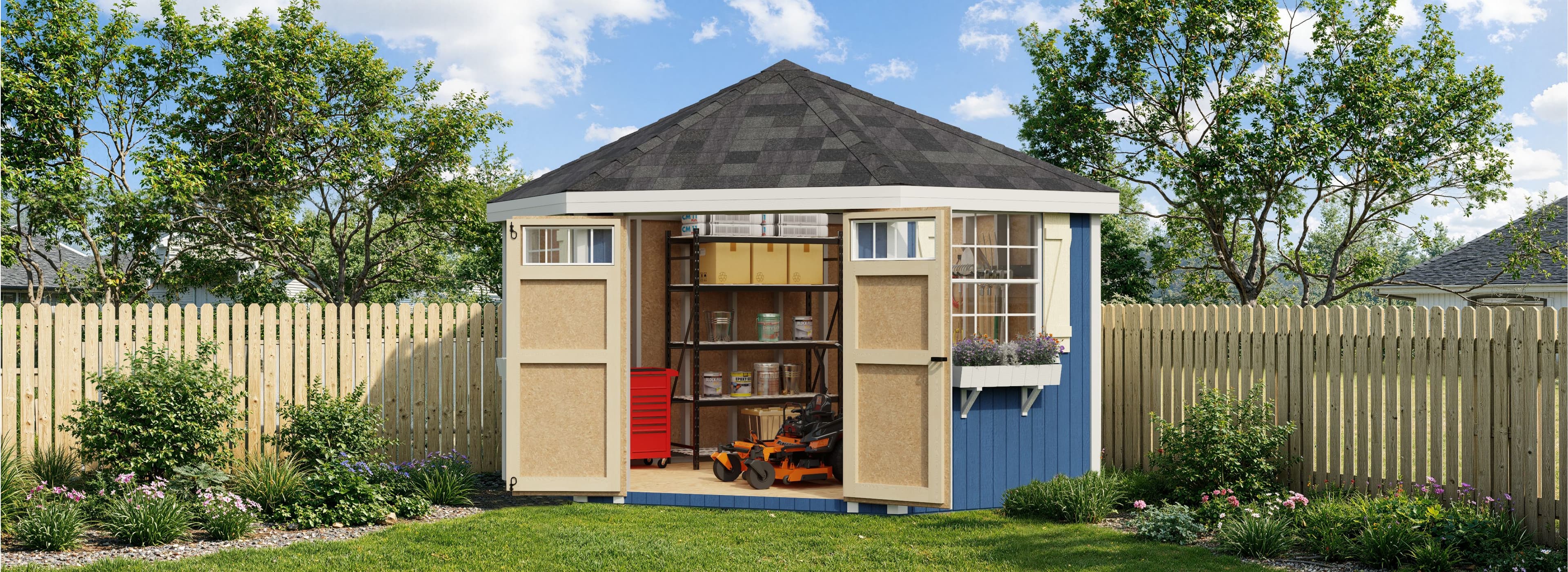 large corner wood shed in blue