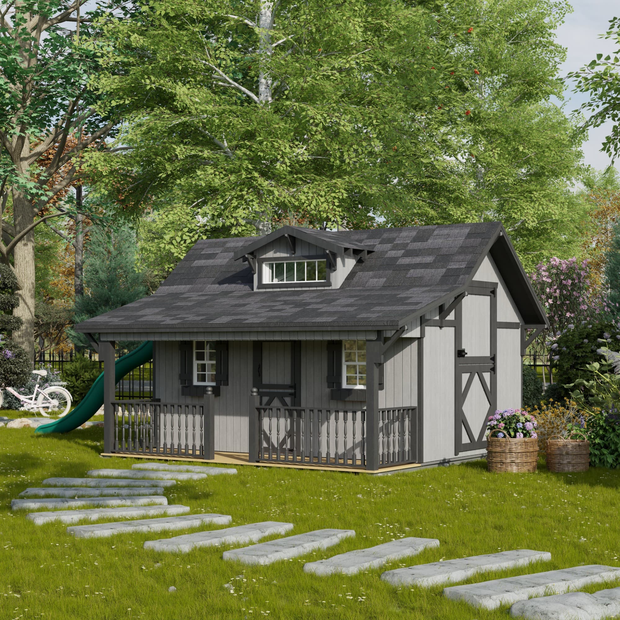 Craftsman Playhouse with Porch & Slide lifestyle