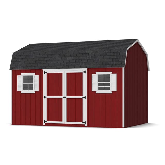 Rendering of value gambrel workshop shed with shingles and paint.